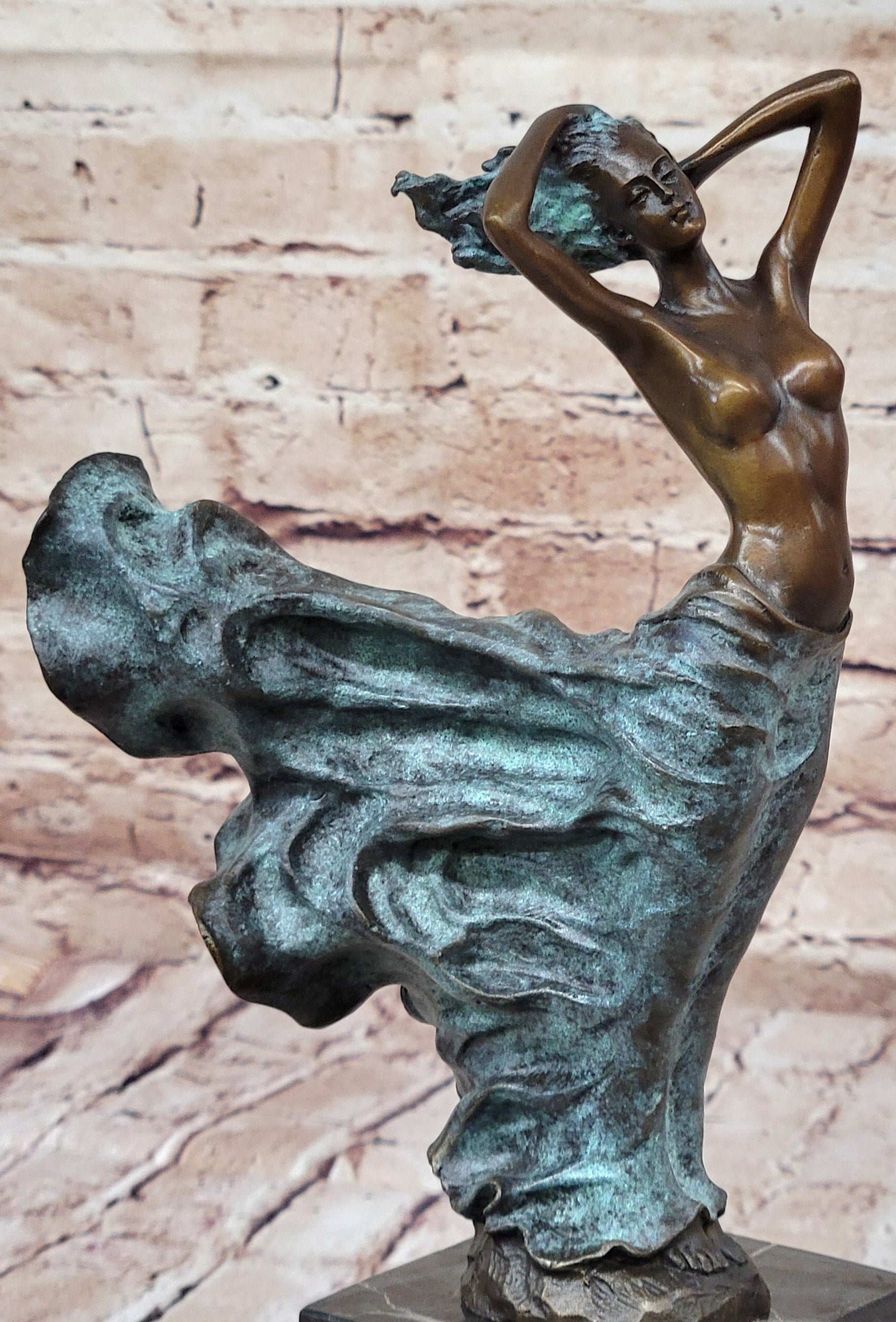 Semi Nude Woman with Skirt Blowing in the Wind - Green Patina Bronze Sculpture Figure
