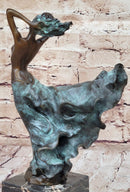 Semi Nude Woman with Skirt Blowing in the Wind - Green Patina Bronze Sculpture Figure