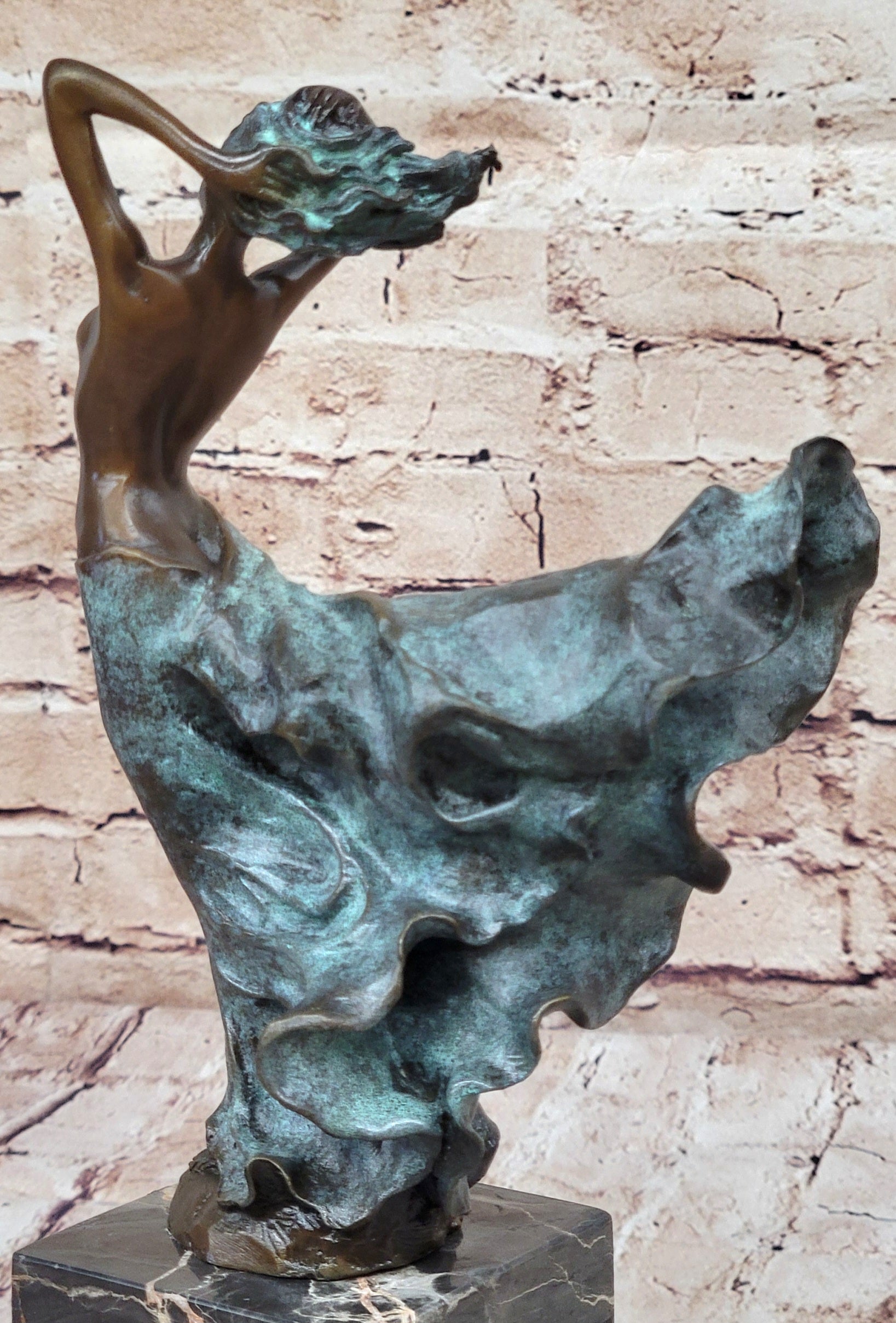 Semi Nude Woman with Skirt Blowing in the Wind - Green Patina Bronze Sculpture Figure