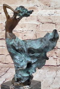 Semi Nude Woman with Skirt Blowing in the Wind - Green Patina Bronze Sculpture Figure