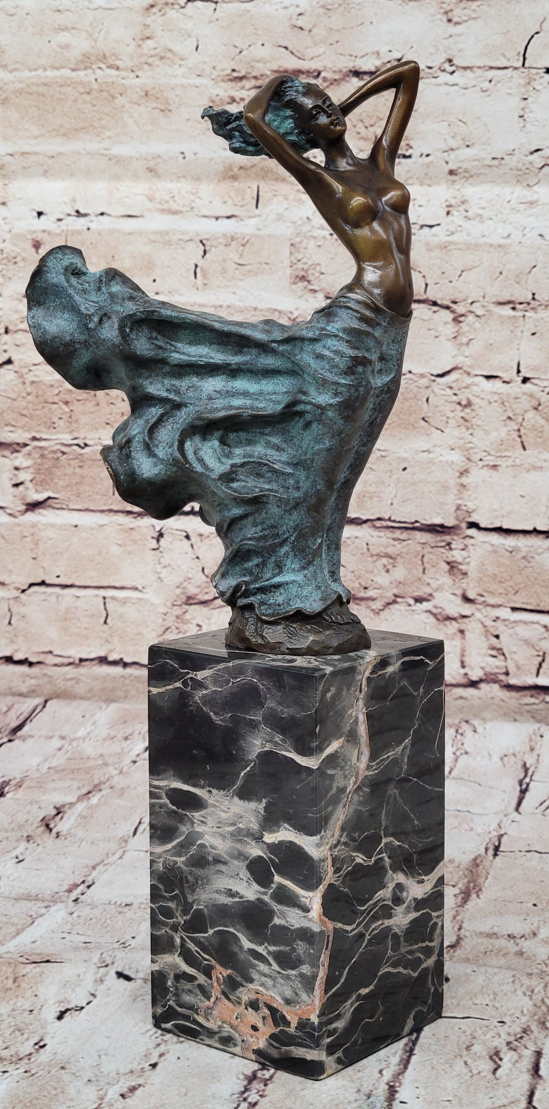 Semi Nude Woman with Skirt Blowing in the Wind - Green Patina Bronze Sculpture Figure