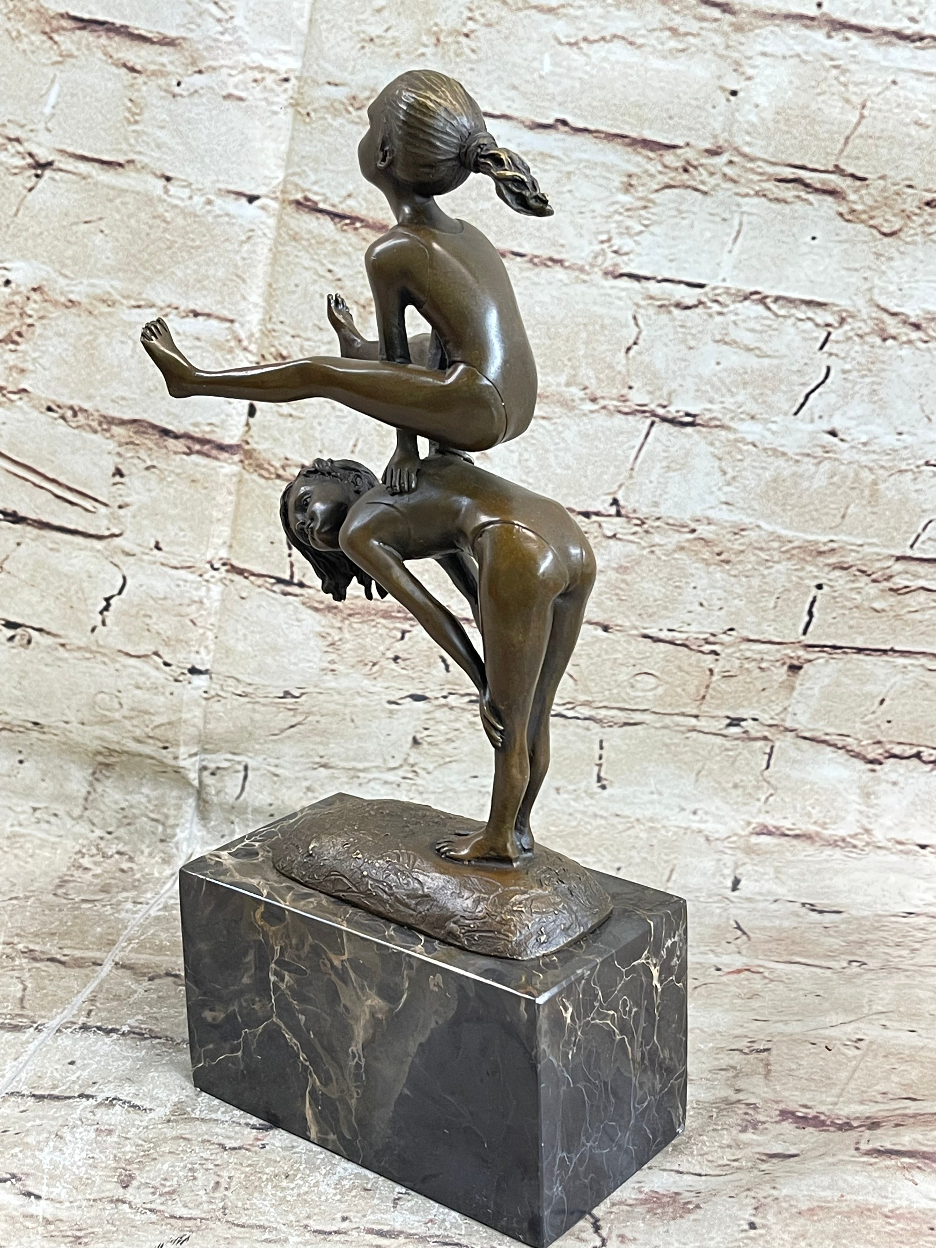Milo Kids Playing Leap Frog Bronze Sculpture Hot Cast Marble Base