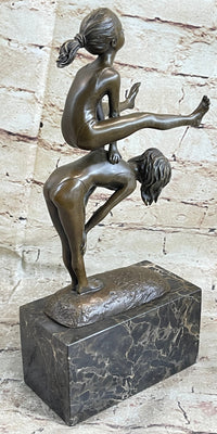 Milo Kids Playing Leap Frog Bronze Sculpture Hot Cast Marble Base