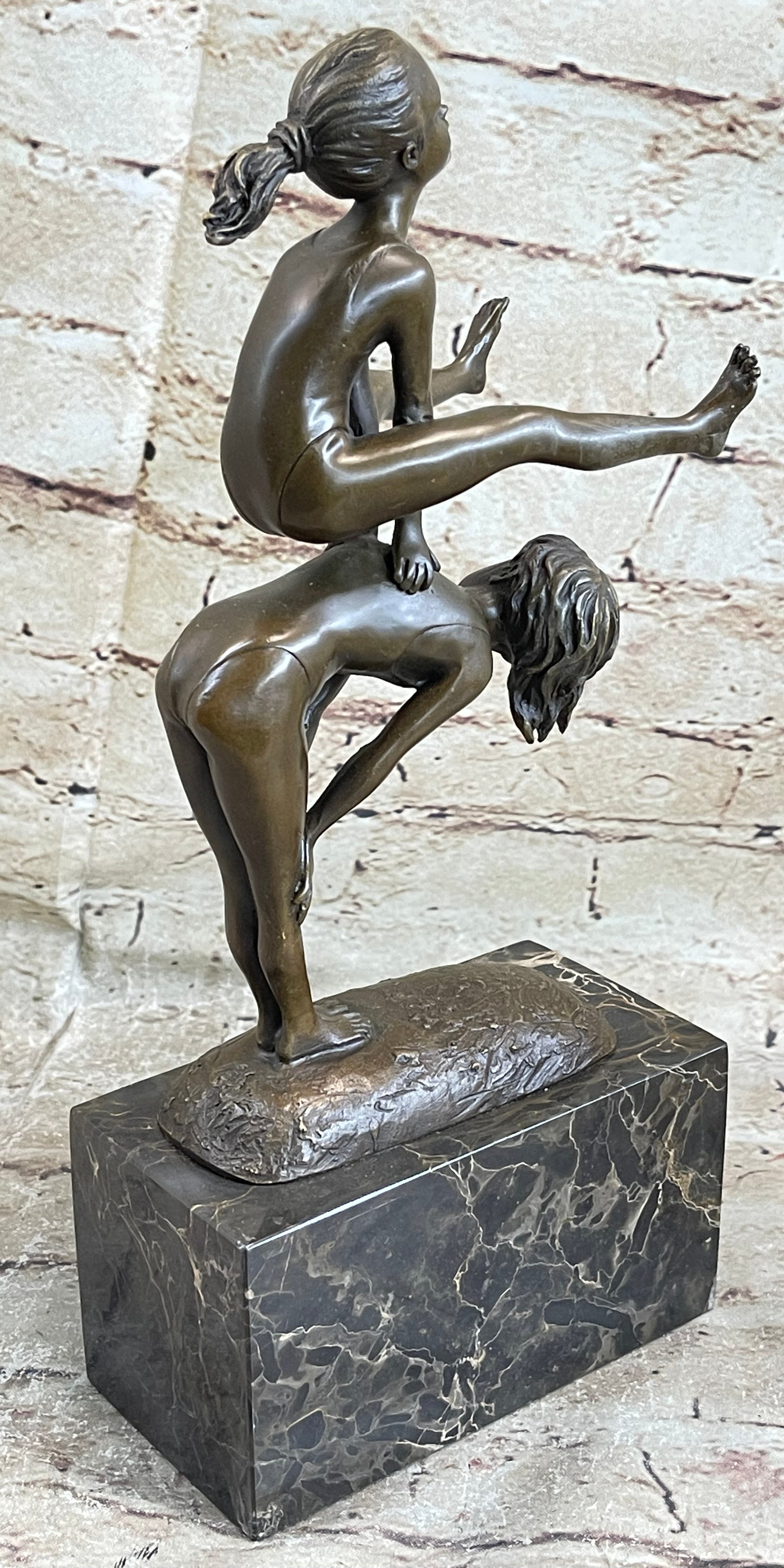 Milo Kids Playing Leap Frog Bronze Sculpture Hot Cast Marble Base
