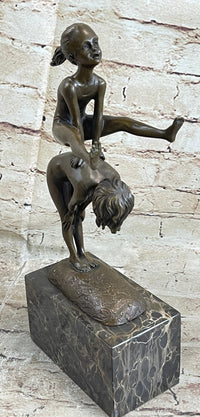 Milo Kids Playing Leap Frog Bronze Sculpture Hot Cast Marble Base