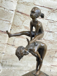 Milo Kids Playing Leap Frog Bronze Sculpture Hot Cast Marble Base