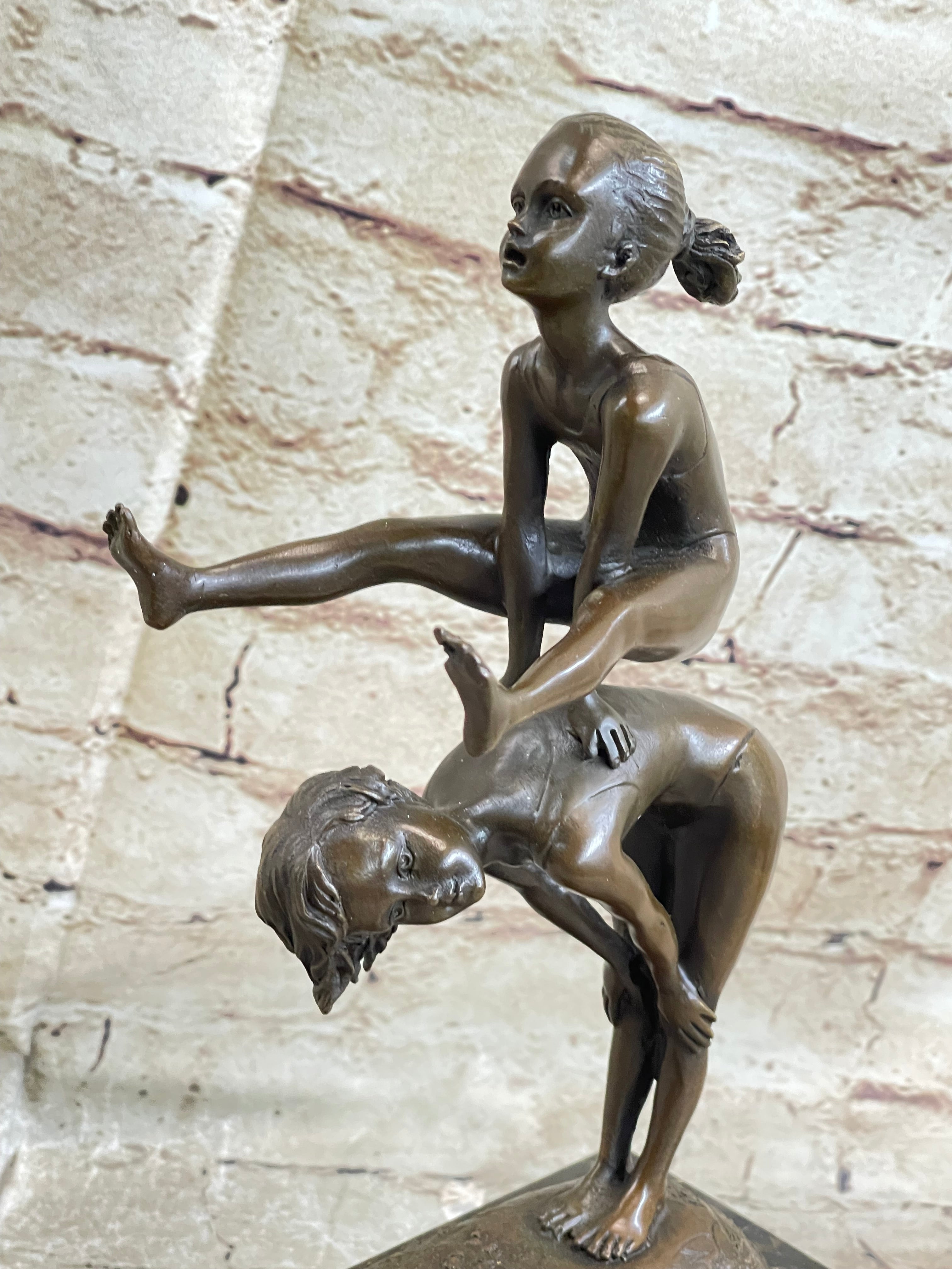 Milo Kids Playing Leap Frog Bronze Sculpture Hot Cast Marble Base