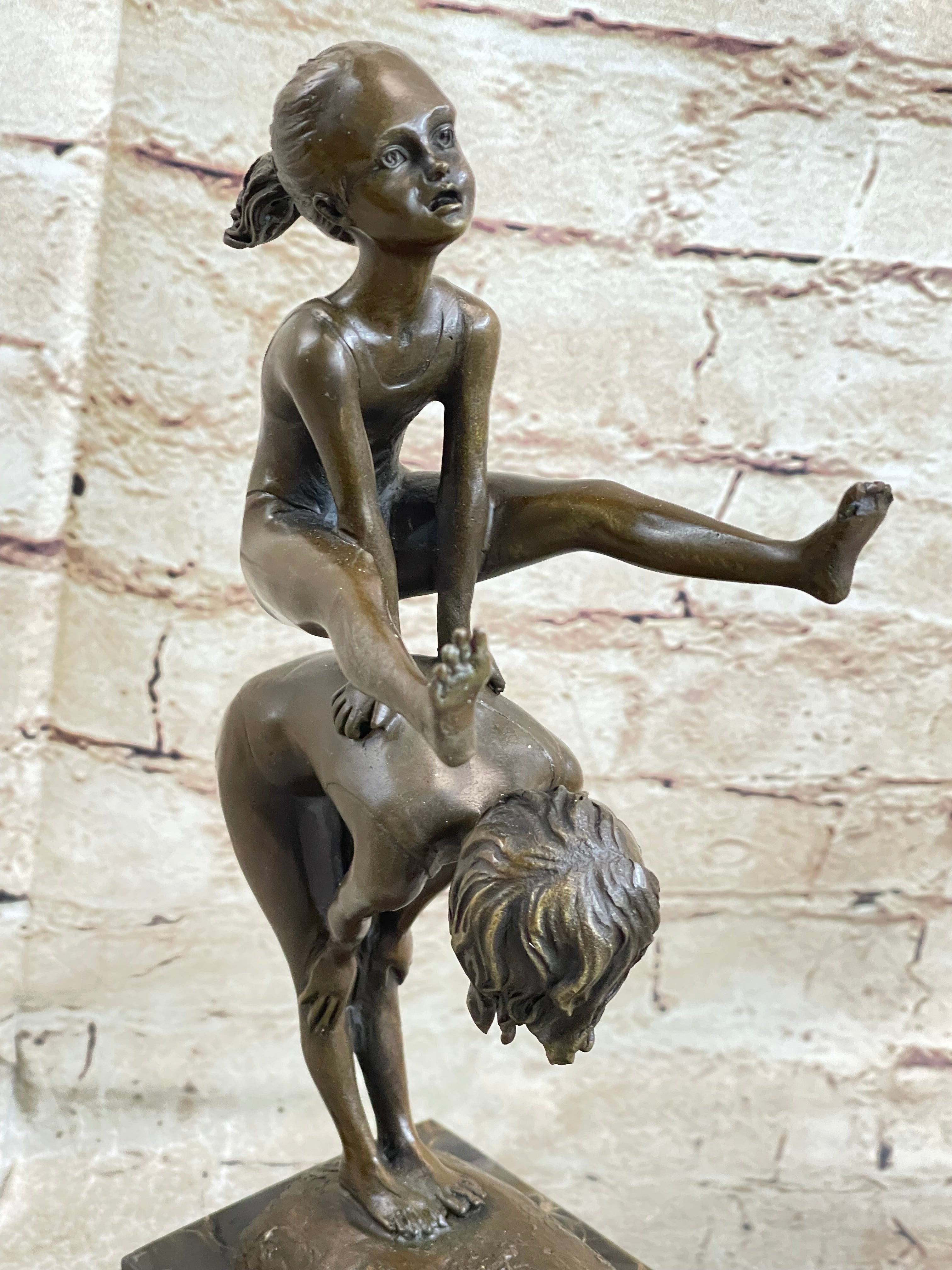 Milo Kids Playing Leap Frog Bronze Sculpture Hot Cast Marble Base