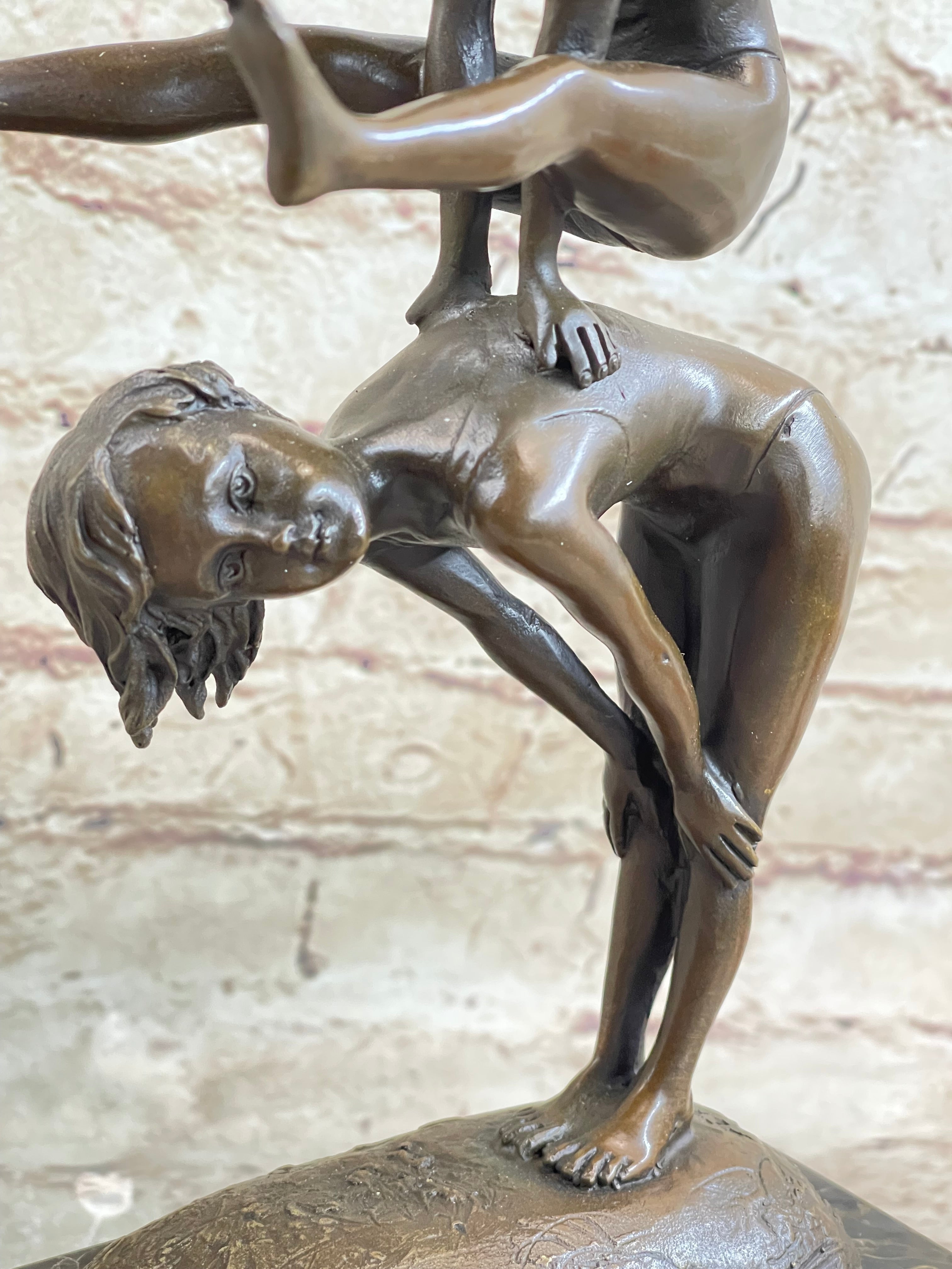 Milo Kids Playing Leap Frog Bronze Sculpture Hot Cast Marble Base