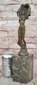 Bronze Art Nouveau Woman Statue – Elegant Nude with Flowing Veil on Marble Base