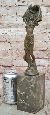 Bronze Art Nouveau Woman Statue – Elegant Nude with Flowing Veil on Marble Base