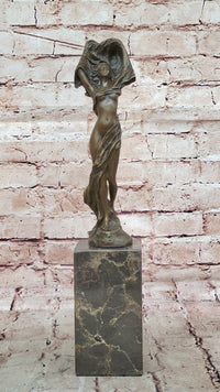 Bronze Art Nouveau Woman Statue – Elegant Nude with Flowing Veil on Marble Base
