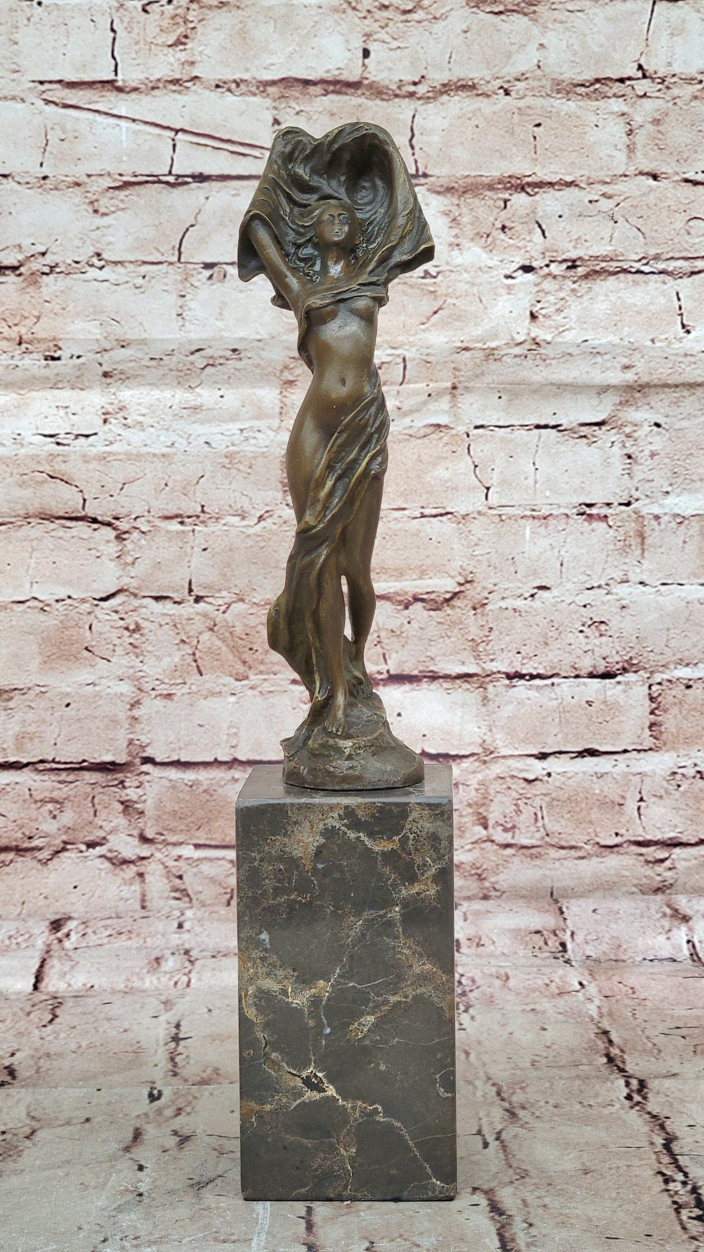 Bronze Art Nouveau Woman Statue – Elegant Nude with Flowing Veil on Marble Base