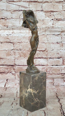 Bronze Art Nouveau Woman Statue – Elegant Nude with Flowing Veil on Marble Base