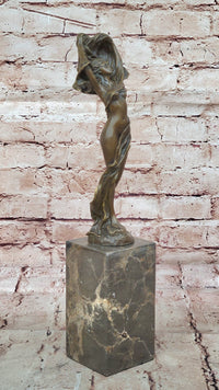 Bronze Art Nouveau Woman Statue – Elegant Nude with Flowing Veil on Marble Base