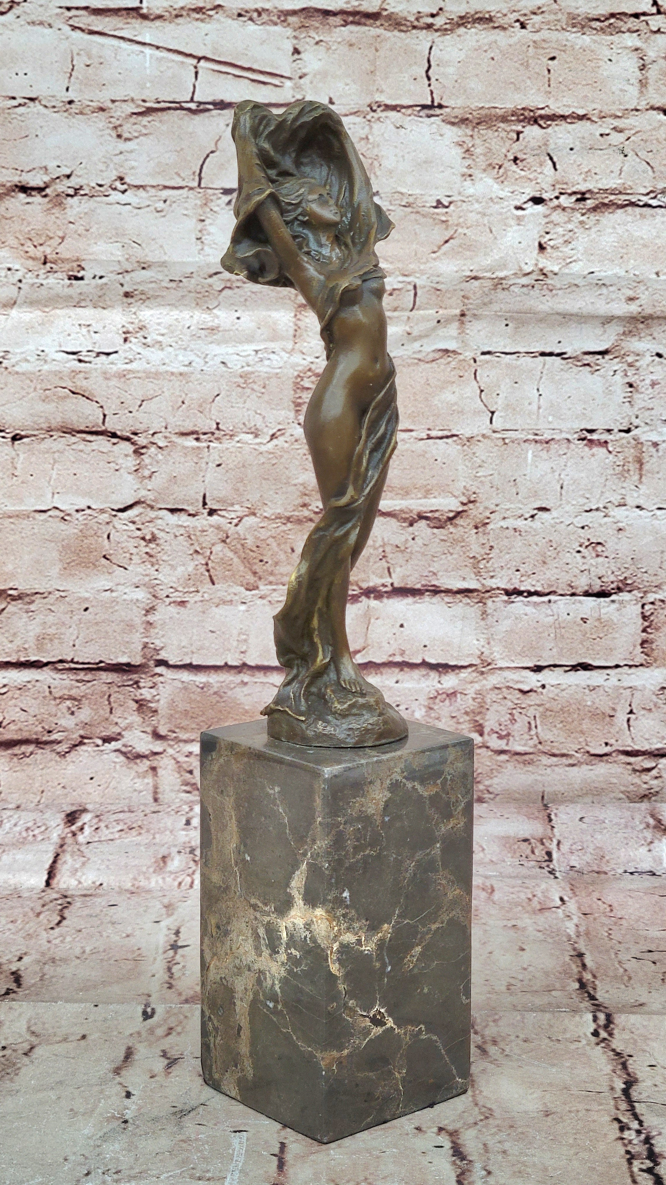 Bronze Art Nouveau Woman Statue – Elegant Nude with Flowing Veil on Marble Base
