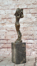 Bronze Art Nouveau Woman Statue – Elegant Nude with Flowing Veil on Marble Base