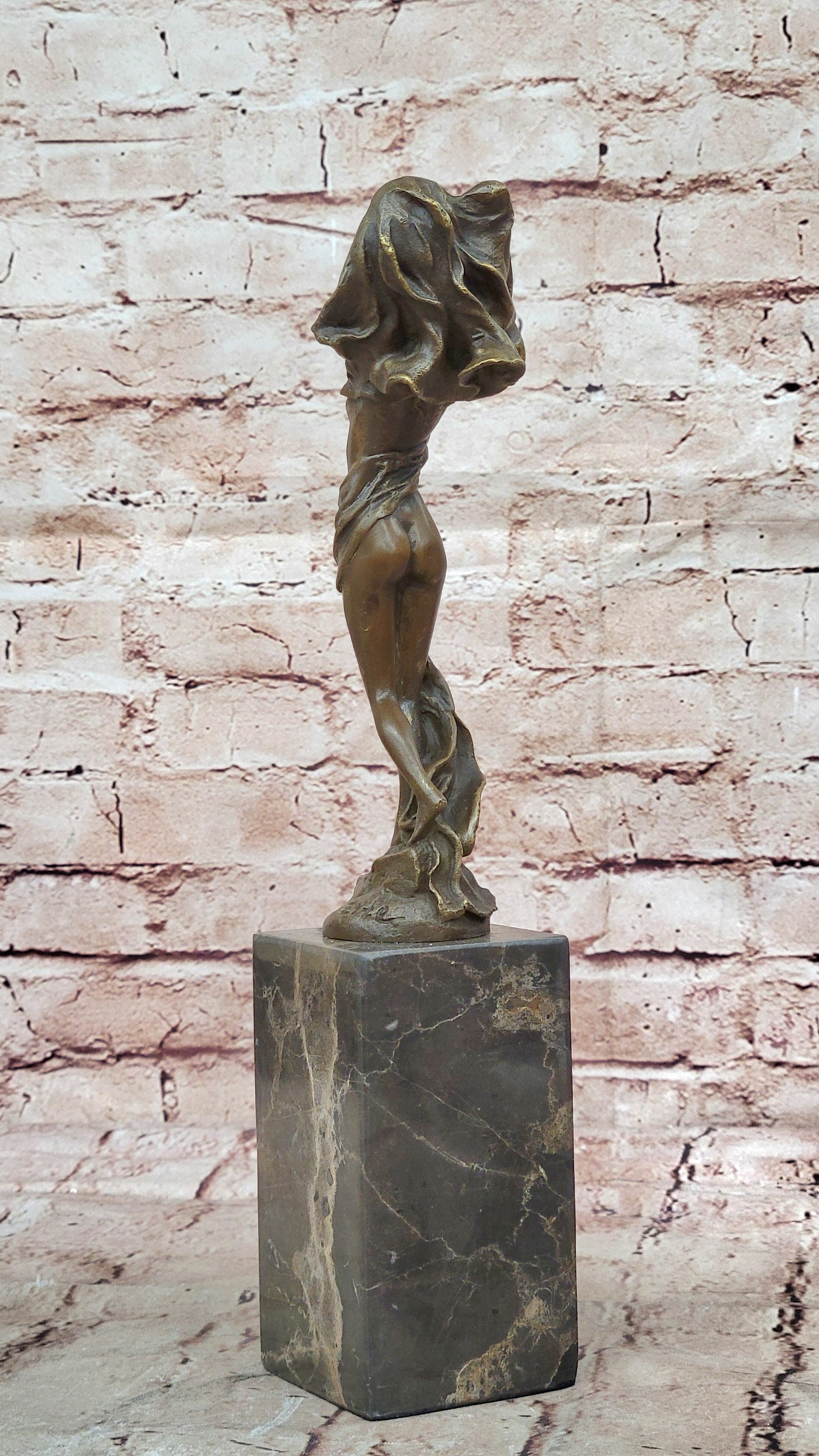 Bronze Art Nouveau Woman Statue – Elegant Nude with Flowing Veil on Marble Base