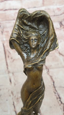 Bronze Art Nouveau Woman Statue – Elegant Nude with Flowing Veil on Marble Base