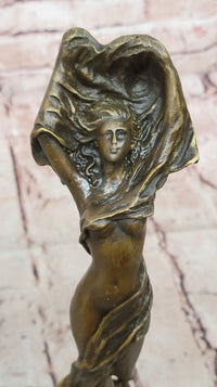 Bronze Art Nouveau Woman Statue – Elegant Nude with Flowing Veil on Marble Base