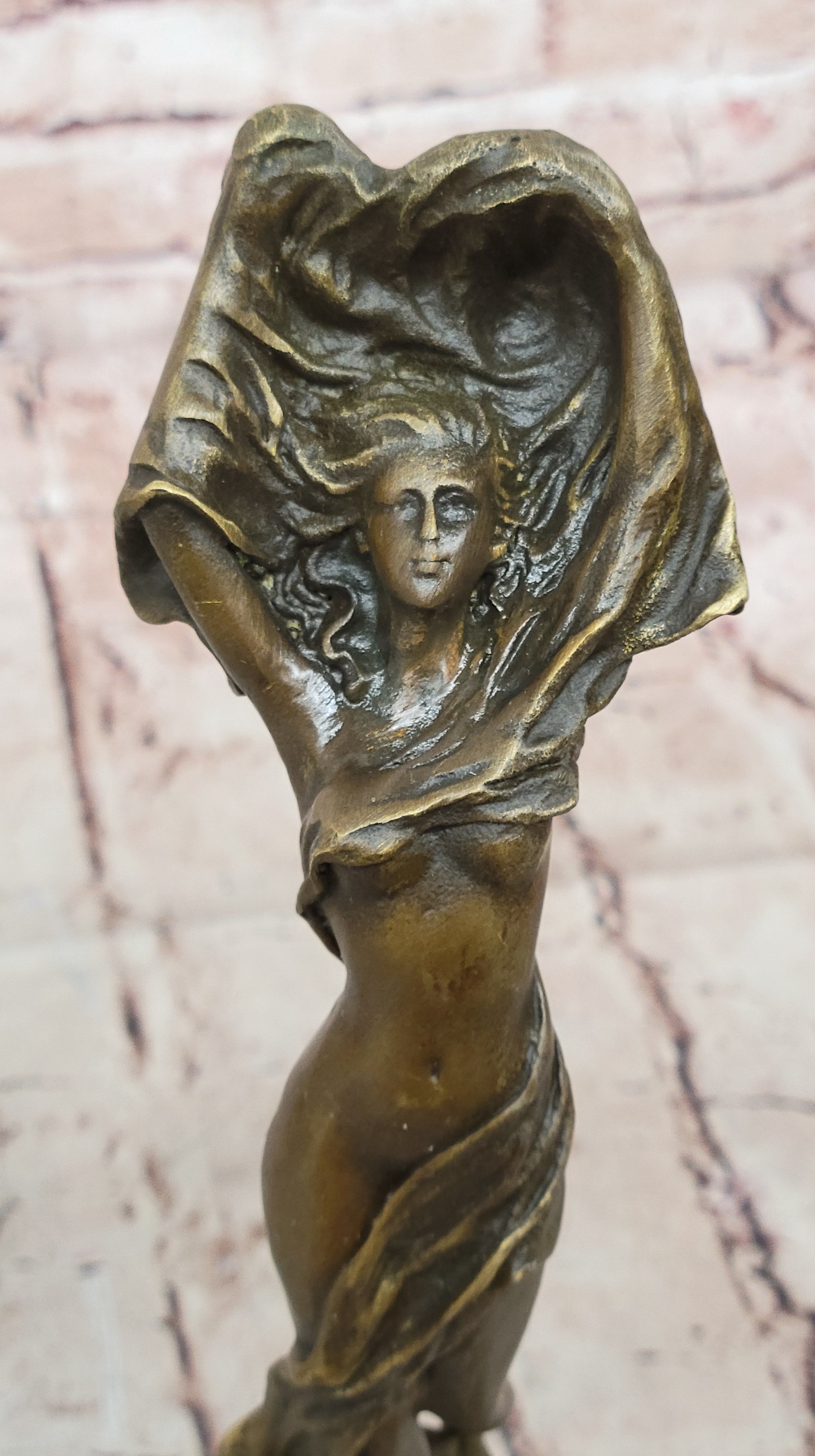 Bronze Art Nouveau Woman Statue – Elegant Nude with Flowing Veil on Marble Base