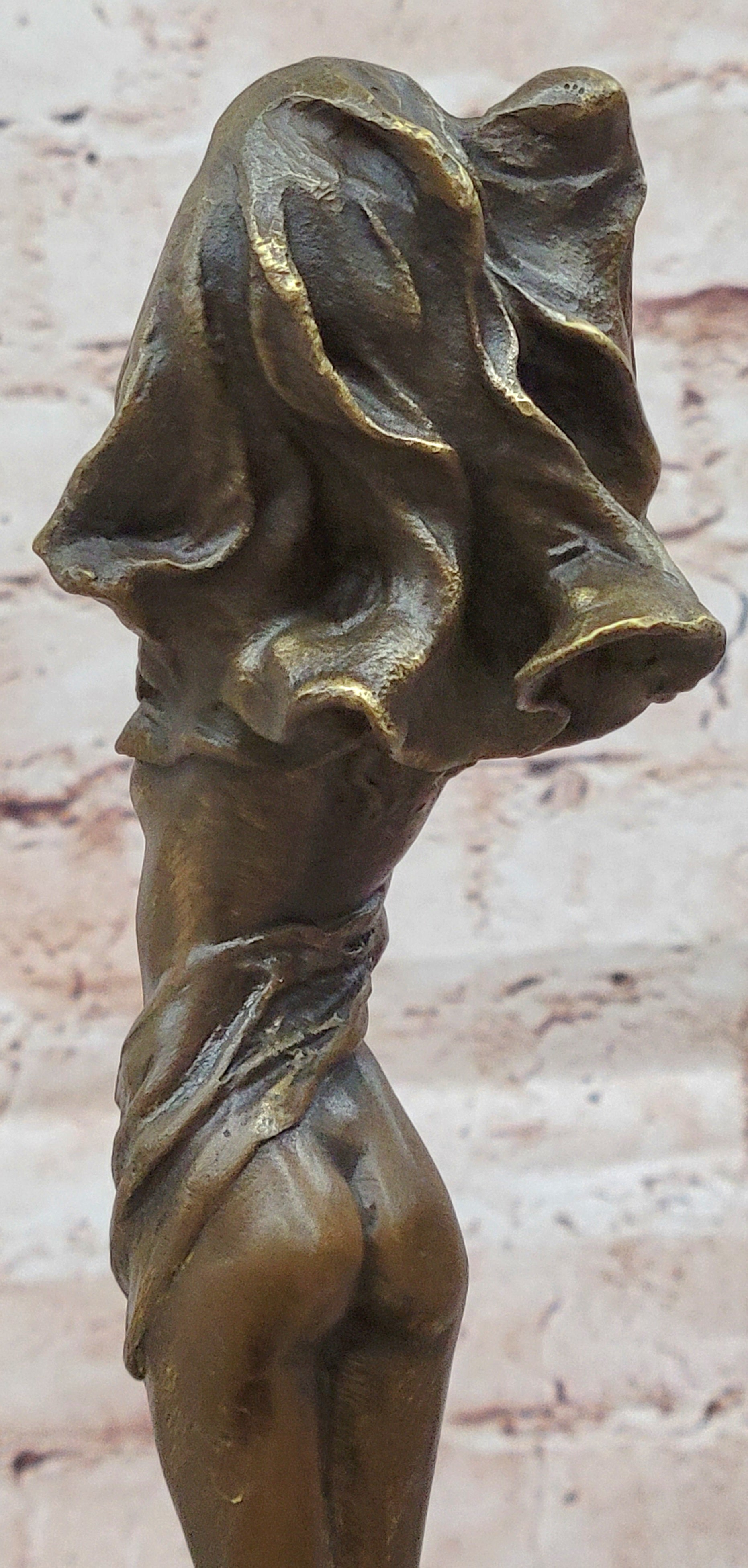 Bronze Art Nouveau Woman Statue – Elegant Nude with Flowing Veil on Marble Base