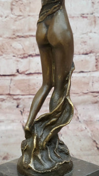Bronze Art Nouveau Woman Statue – Elegant Nude with Flowing Veil on Marble Base