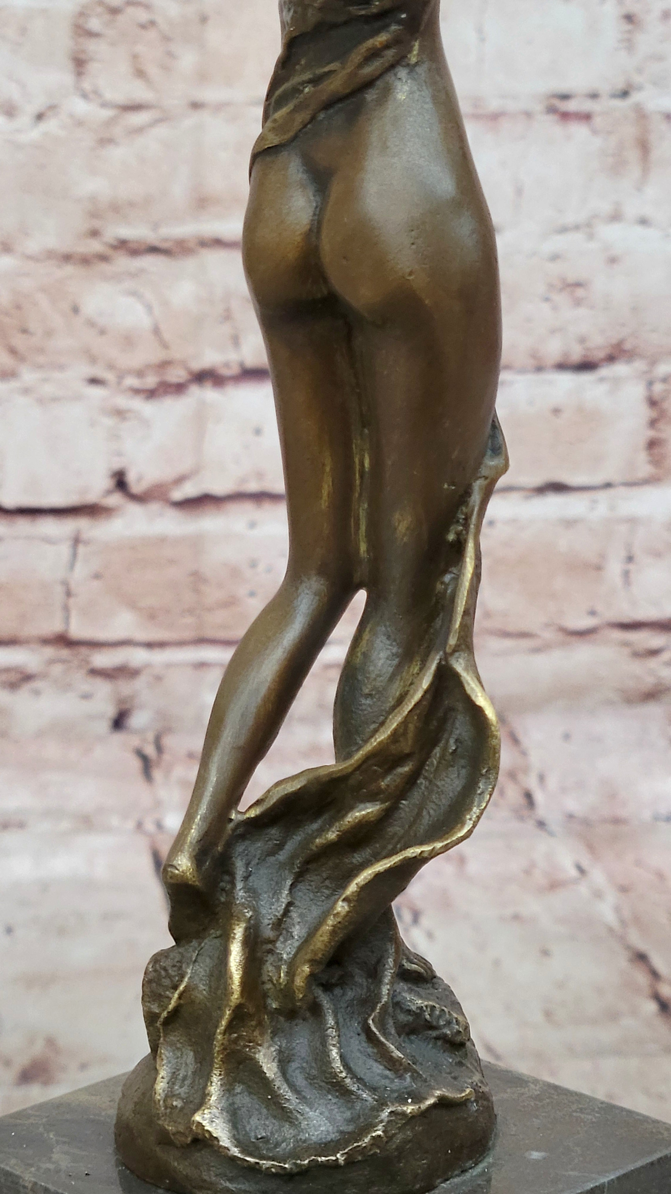 Bronze Art Nouveau Woman Statue – Elegant Nude with Flowing Veil on Marble Base