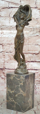 Bronze Art Nouveau Woman Statue – Elegant Nude with Flowing Veil on Marble Base