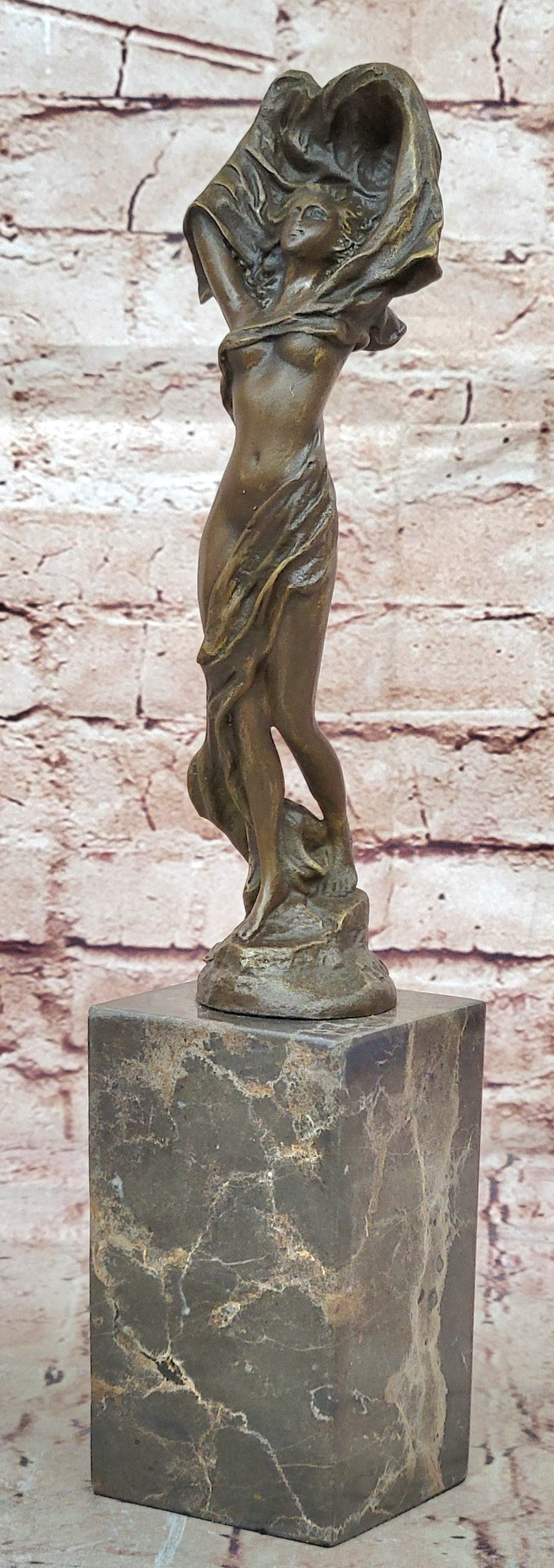 Bronze Art Nouveau Woman Statue – Elegant Nude with Flowing Veil on Marble Base