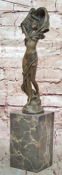 Bronze Art Nouveau Woman Statue – Elegant Nude with Flowing Veil on Marble Base
