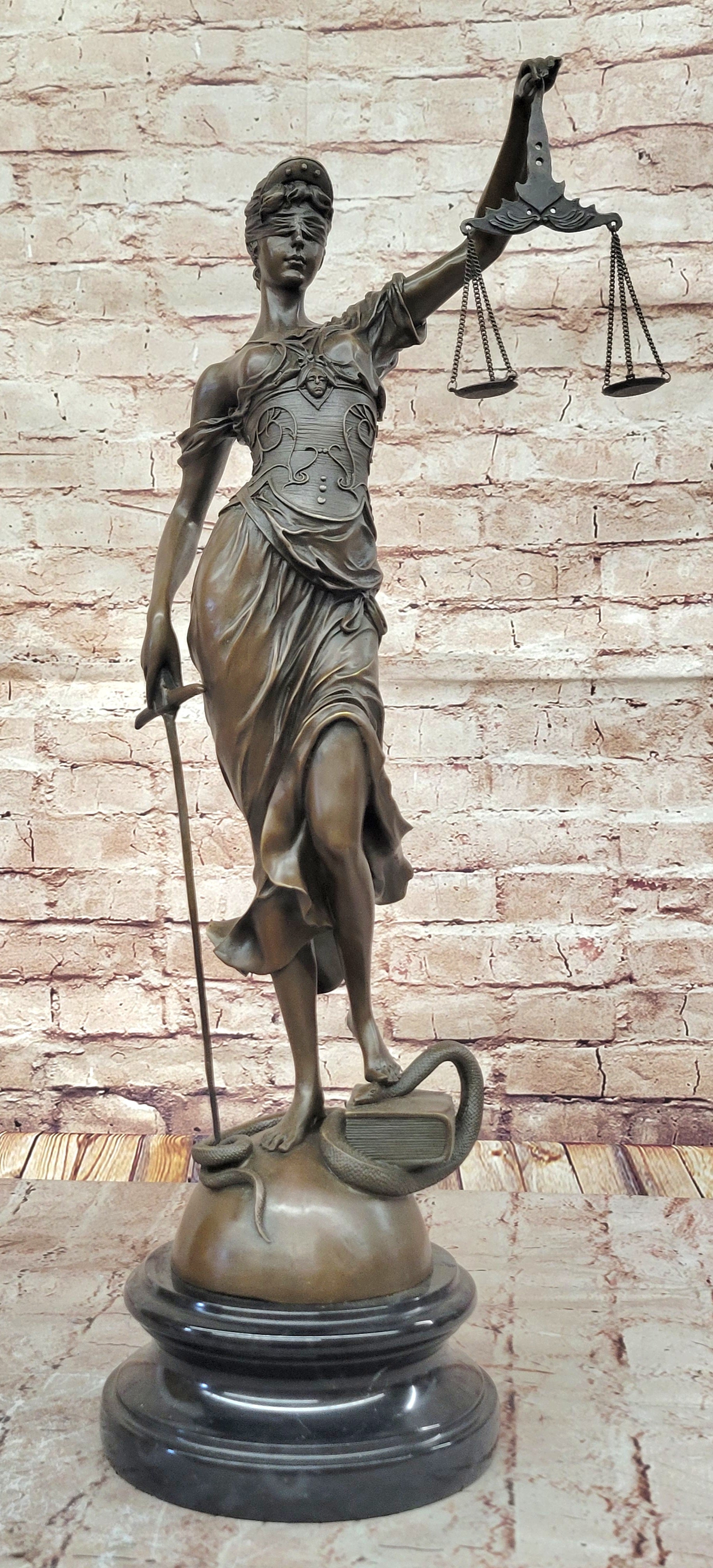 Lady Justice Bronze Sculpture with Scales, Sword, Snake