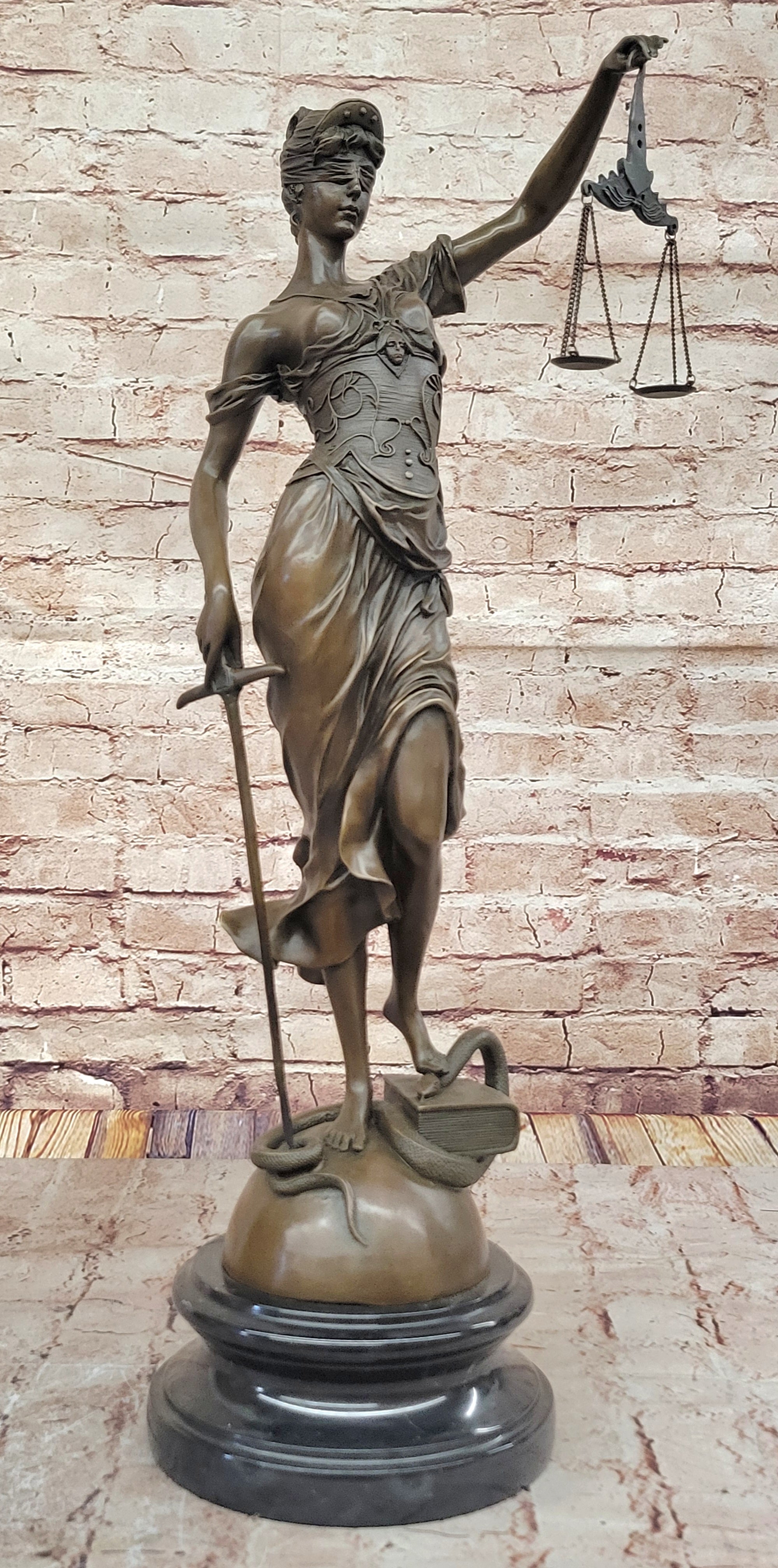 Lady Justice Bronze Sculpture with Scales, Sword, Snake