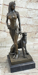 Art Deco Bronze Sculpture of Egyptian Queen Princess Semi Nude Figure w/ Panther