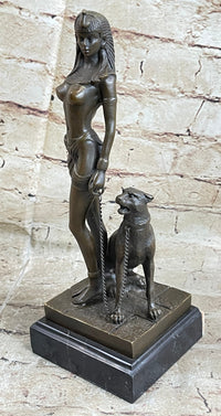 Art Deco Bronze Sculpture of Egyptian Queen Princess Semi Nude Figure w/ Panther