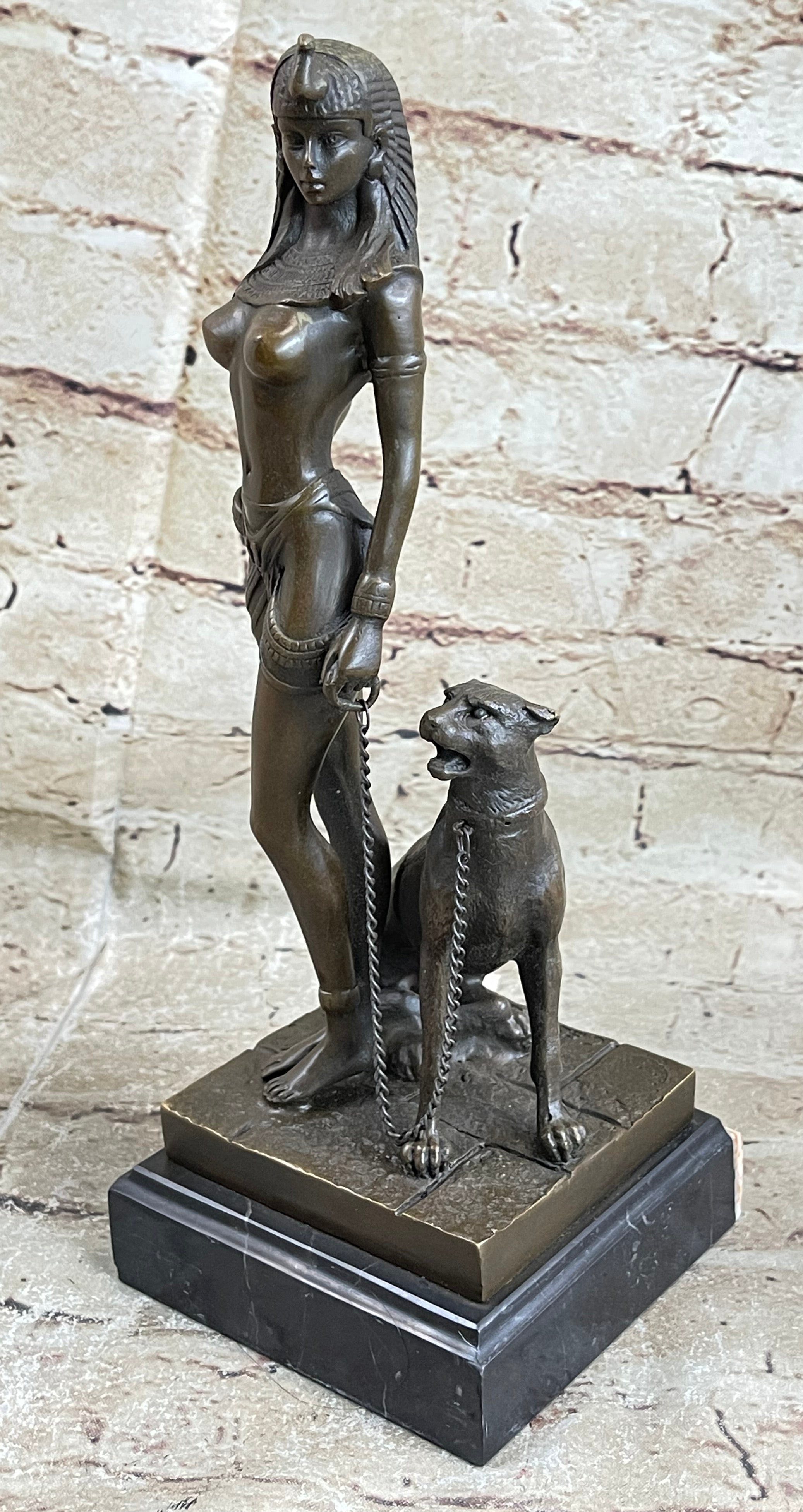Art Deco Bronze Sculpture of Egyptian Queen Princess Semi Nude Figure w/ Panther
