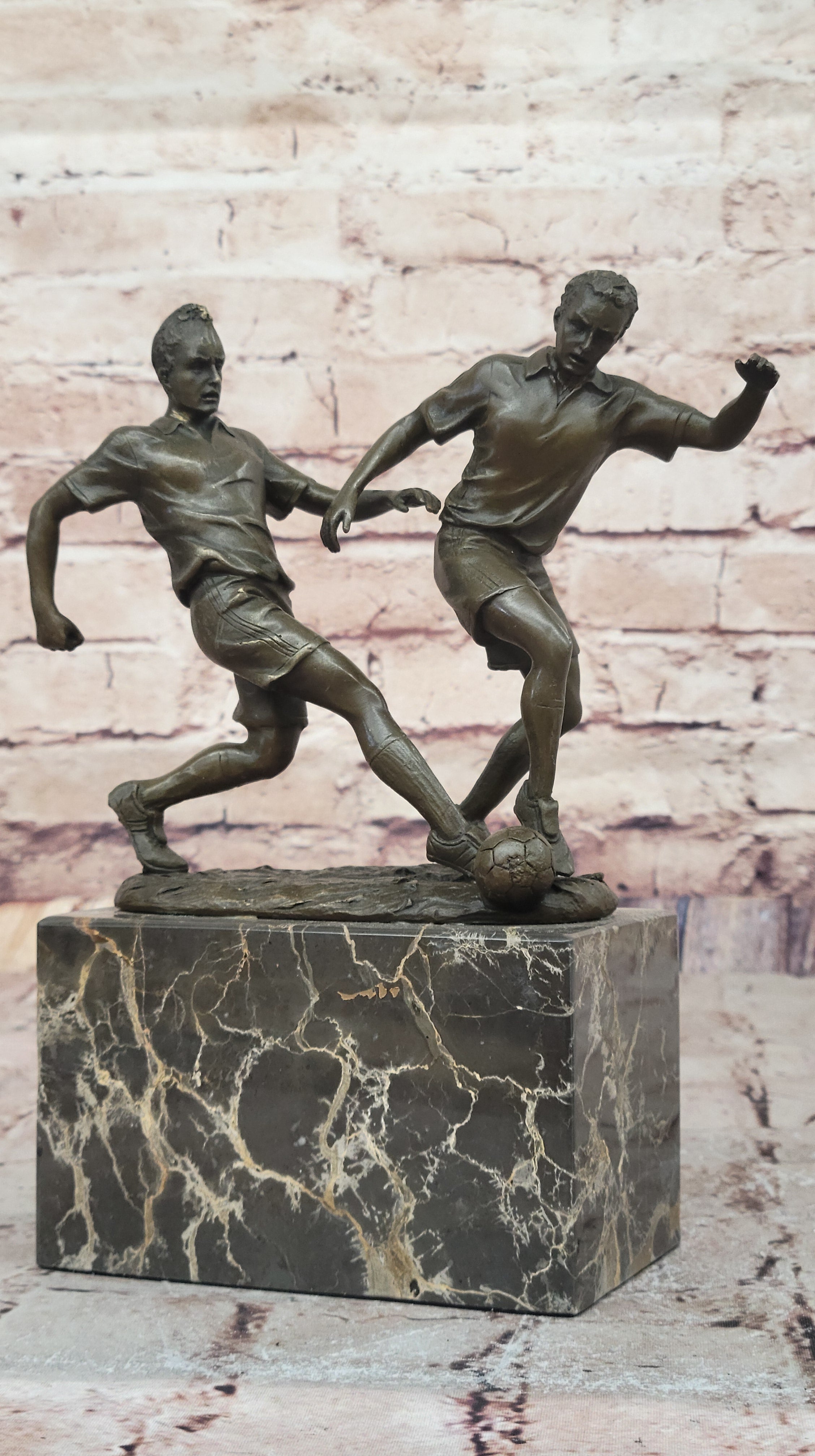 Bronze Soccer Players Sculpture – Dual-Player on Marble Base