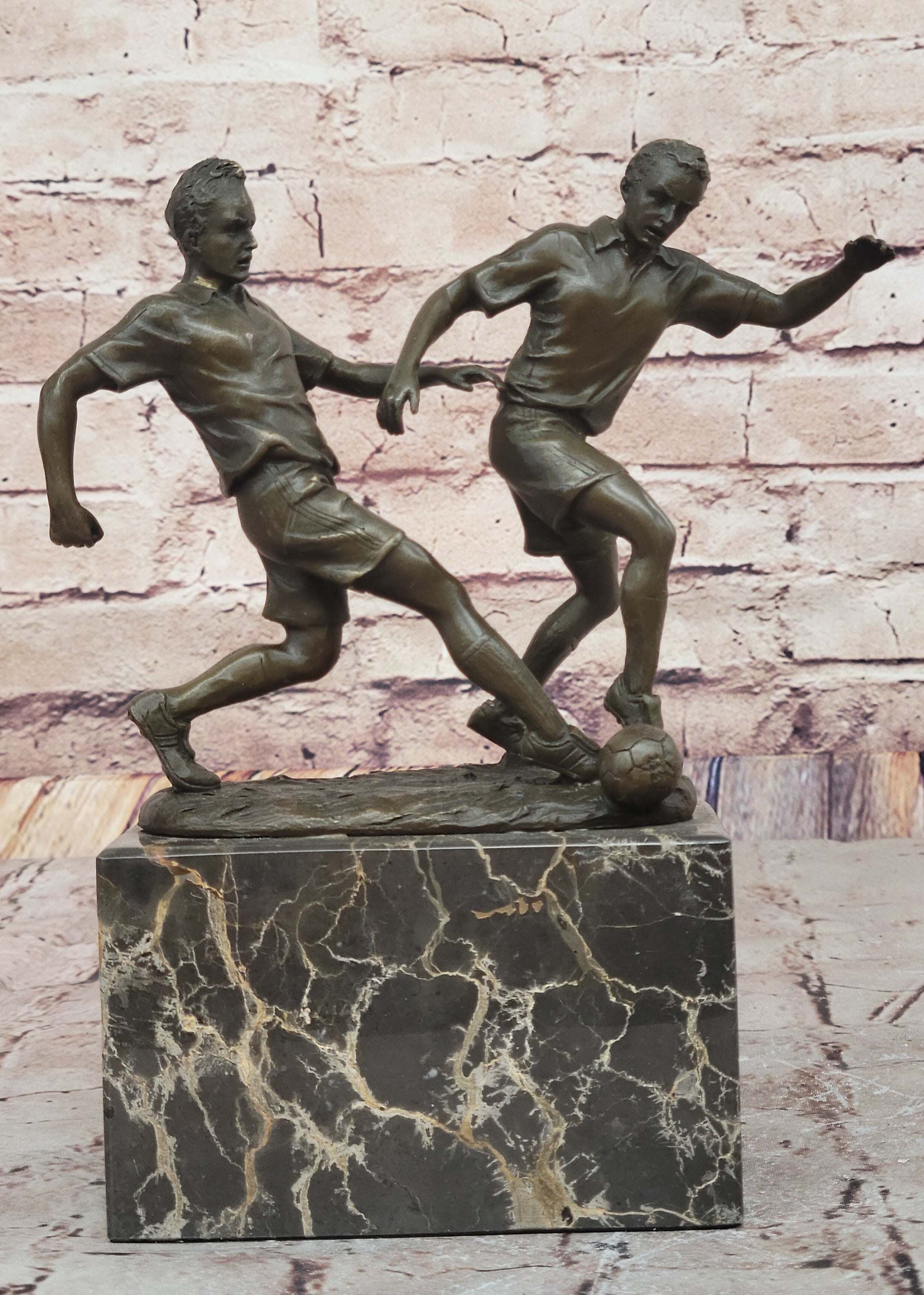 Bronze Soccer Players Sculpture – Dual-Player on Marble Base