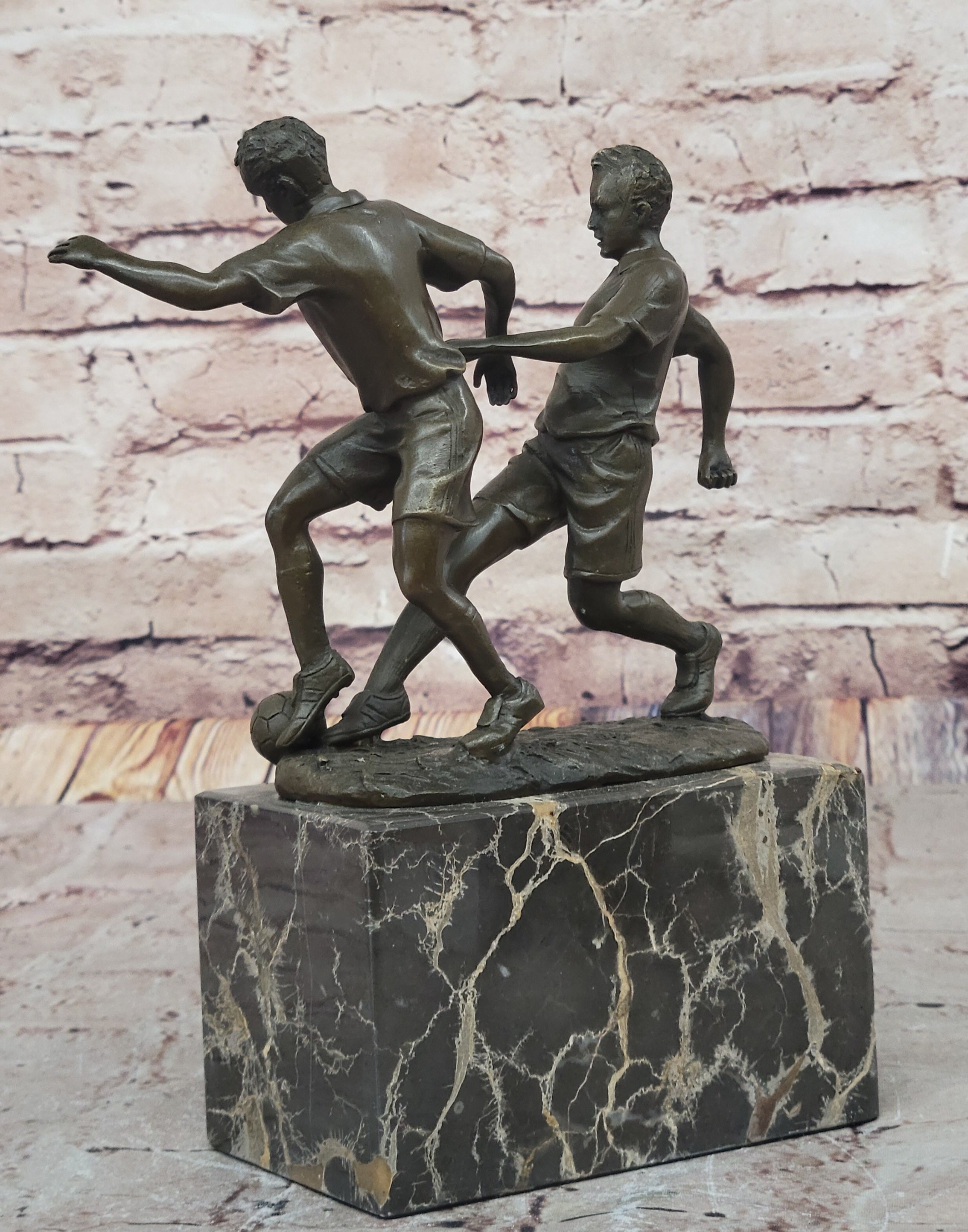 Bronze Soccer Players Sculpture – Dual-Player on Marble Base