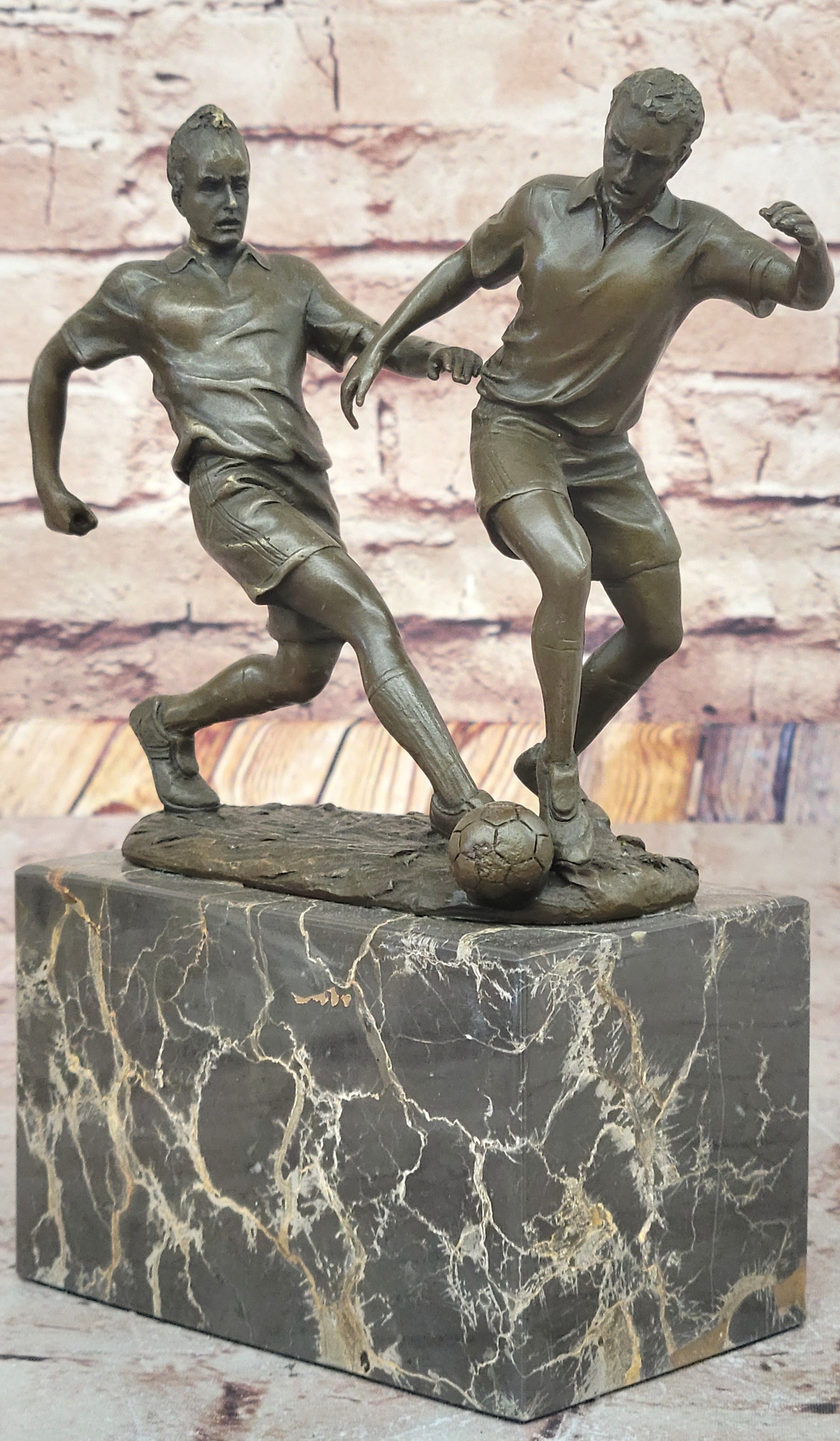 Bronze Soccer Players Sculpture – Dual-Player on Marble Base