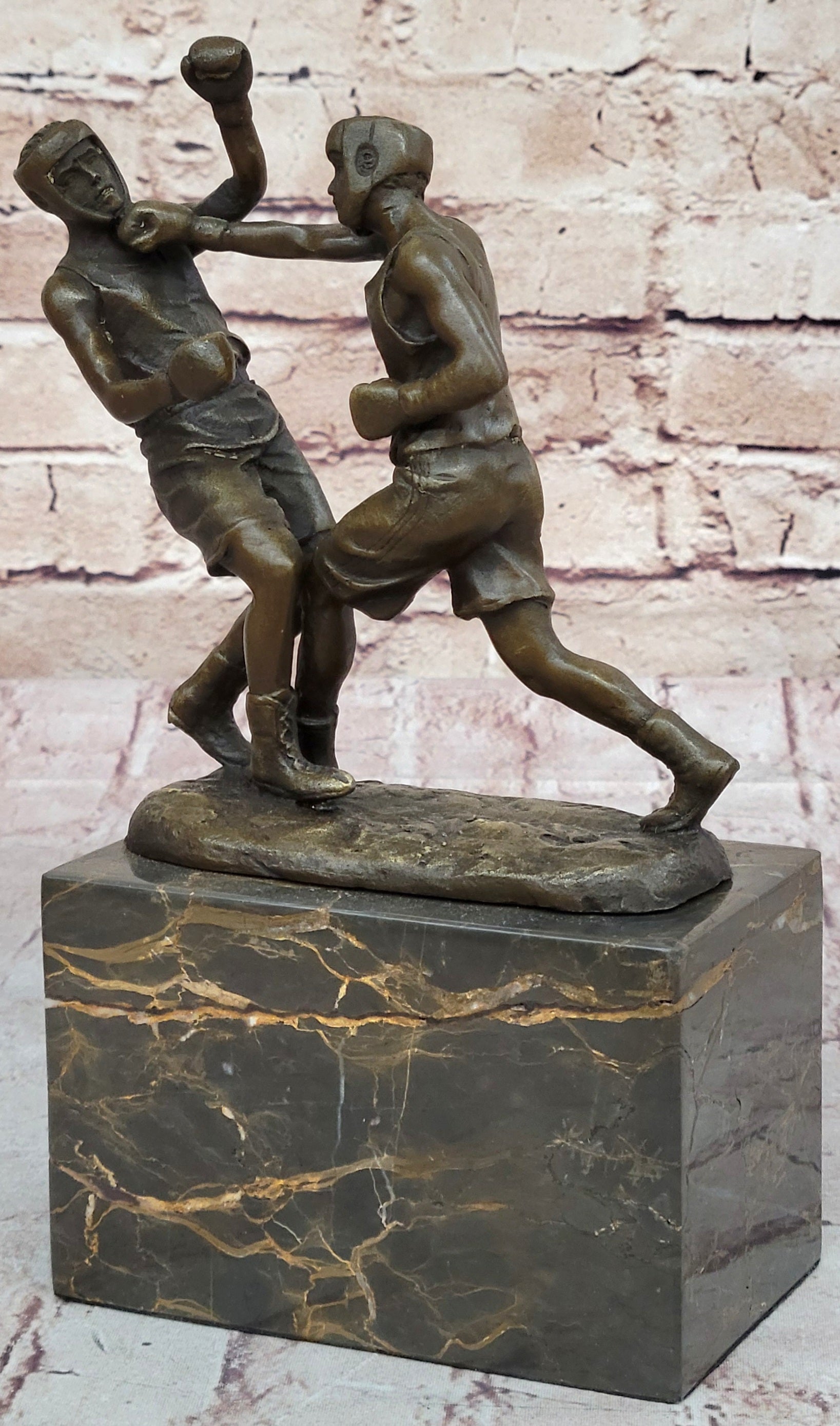 Boxers Boxing Sparring Bronze Metal Sculpture on Marble Base
