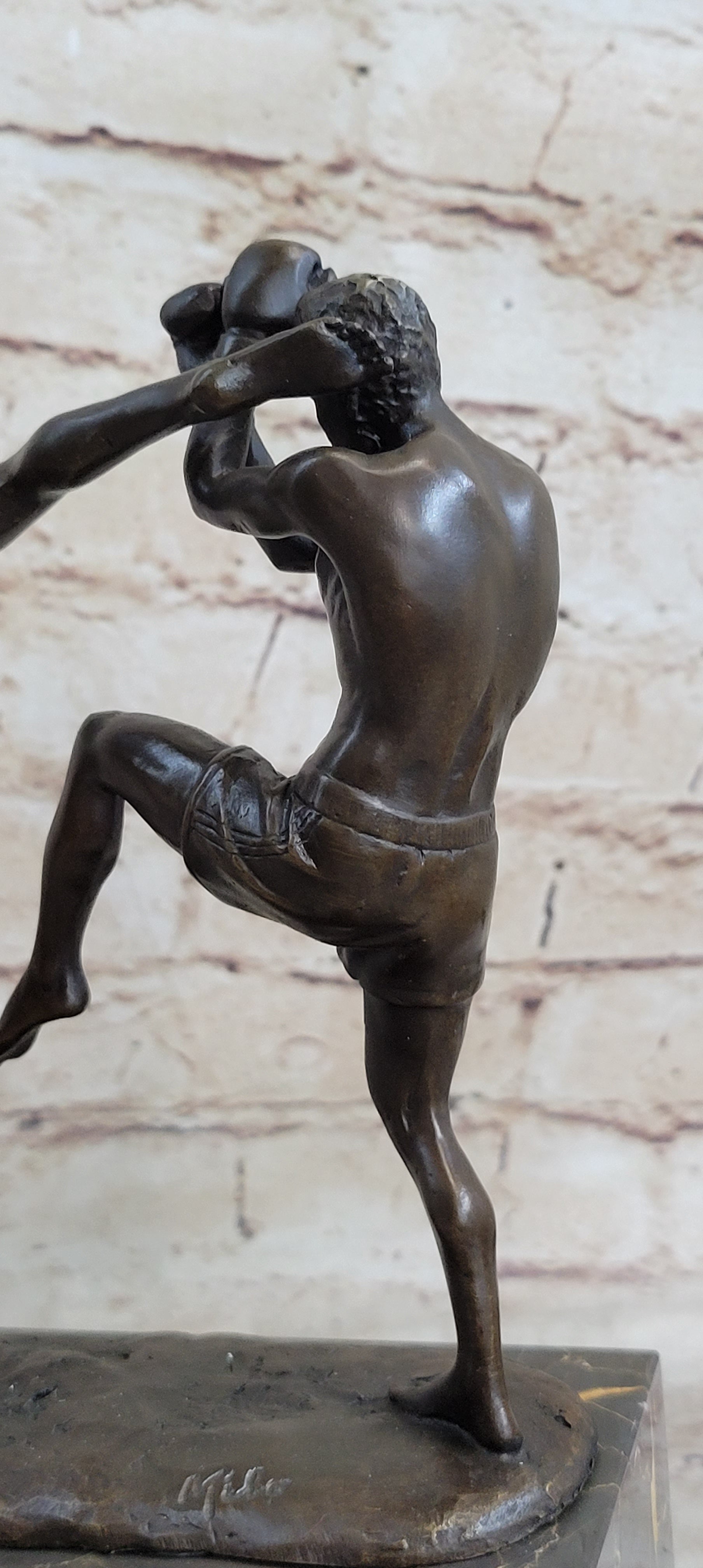 Signed Milo Kick Boxer Bronze Sculpture Marble Base
