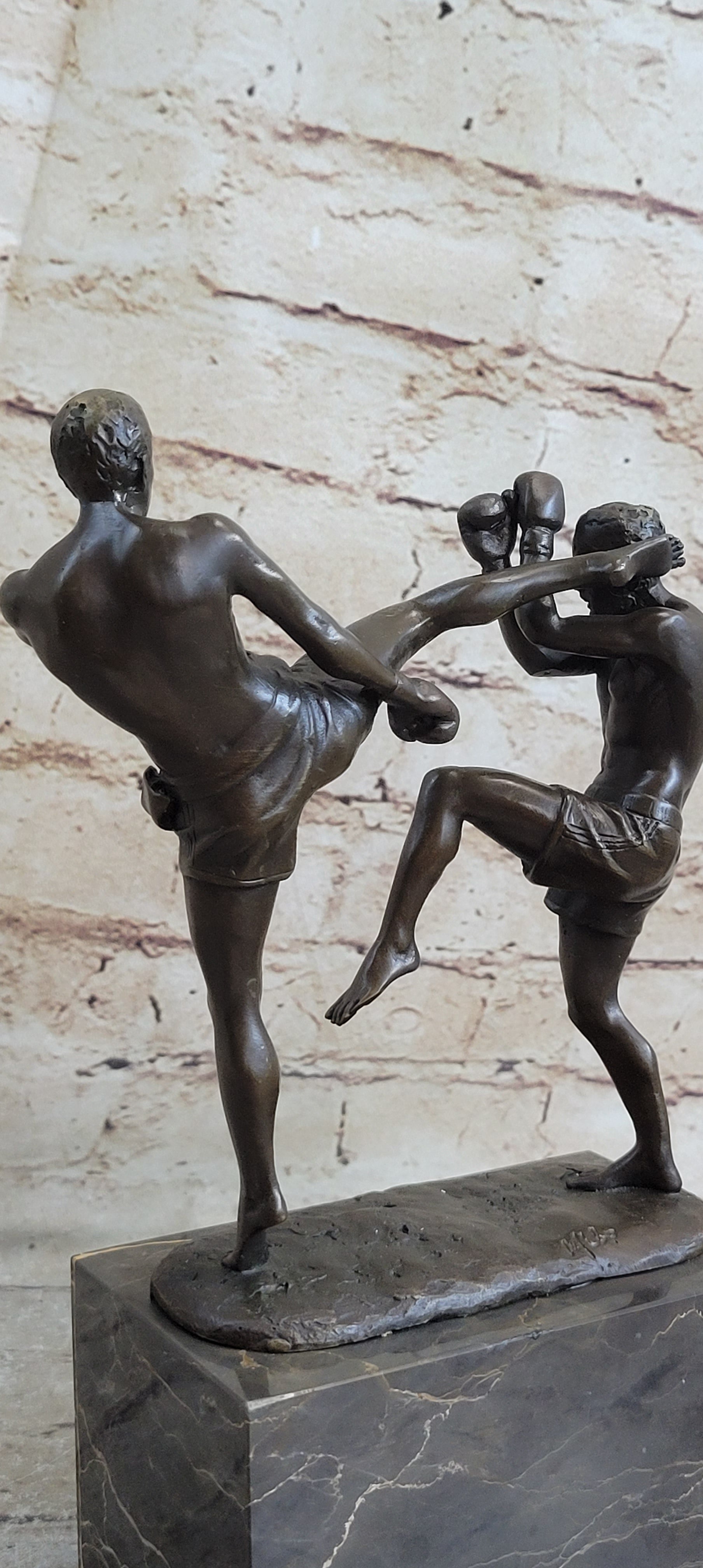 Signed Milo Kick Boxer Bronze Sculpture Marble Base