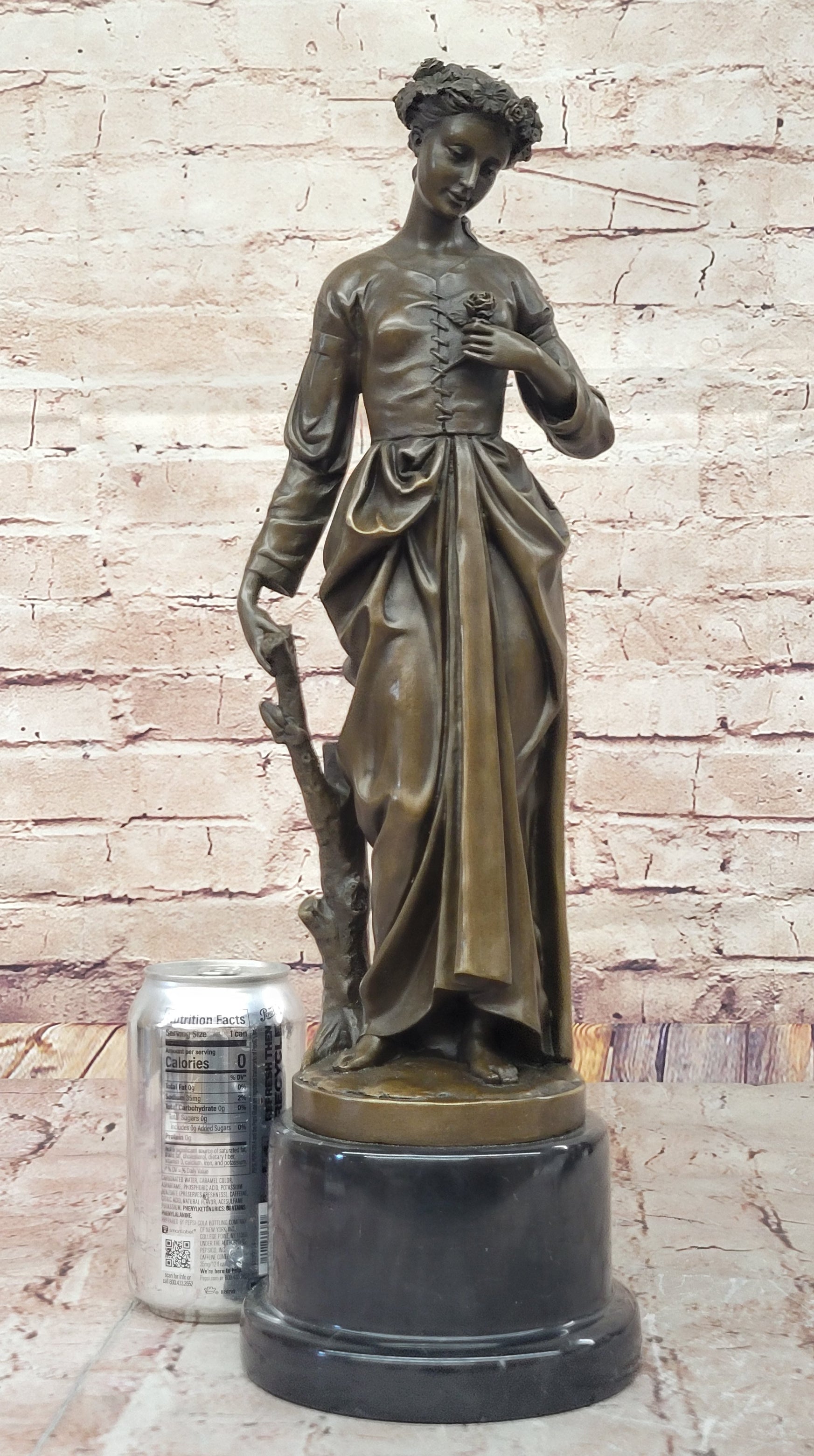 Maiden with Rose - Bronze Female Figure on Marble Base