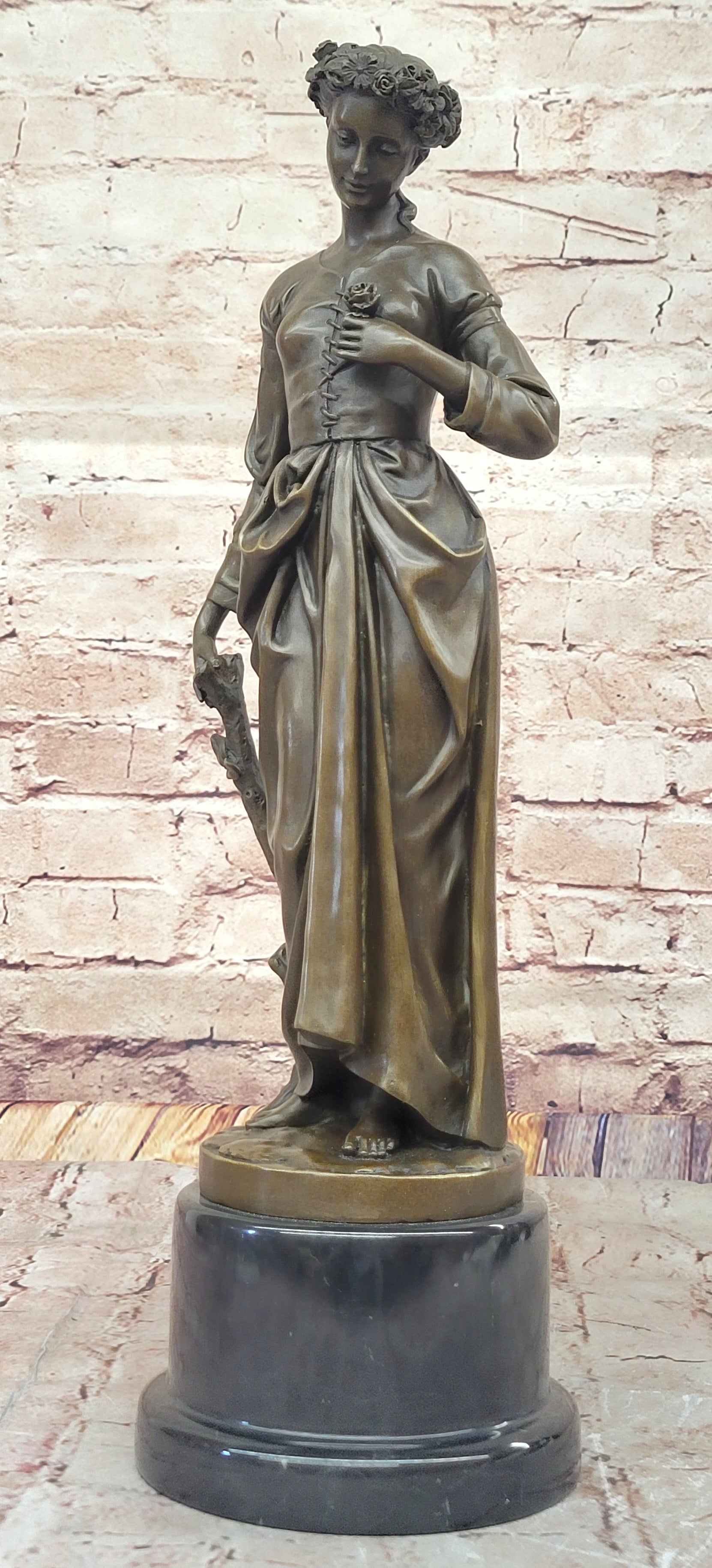 Maiden with Rose - Bronze Female Figure on Marble Base