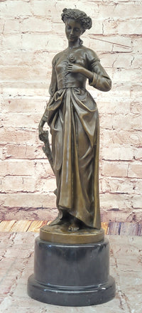 Maiden with Rose - Bronze Female Figure on Marble Base
