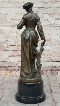 Maiden with Rose - Bronze Female Figure on Marble Base