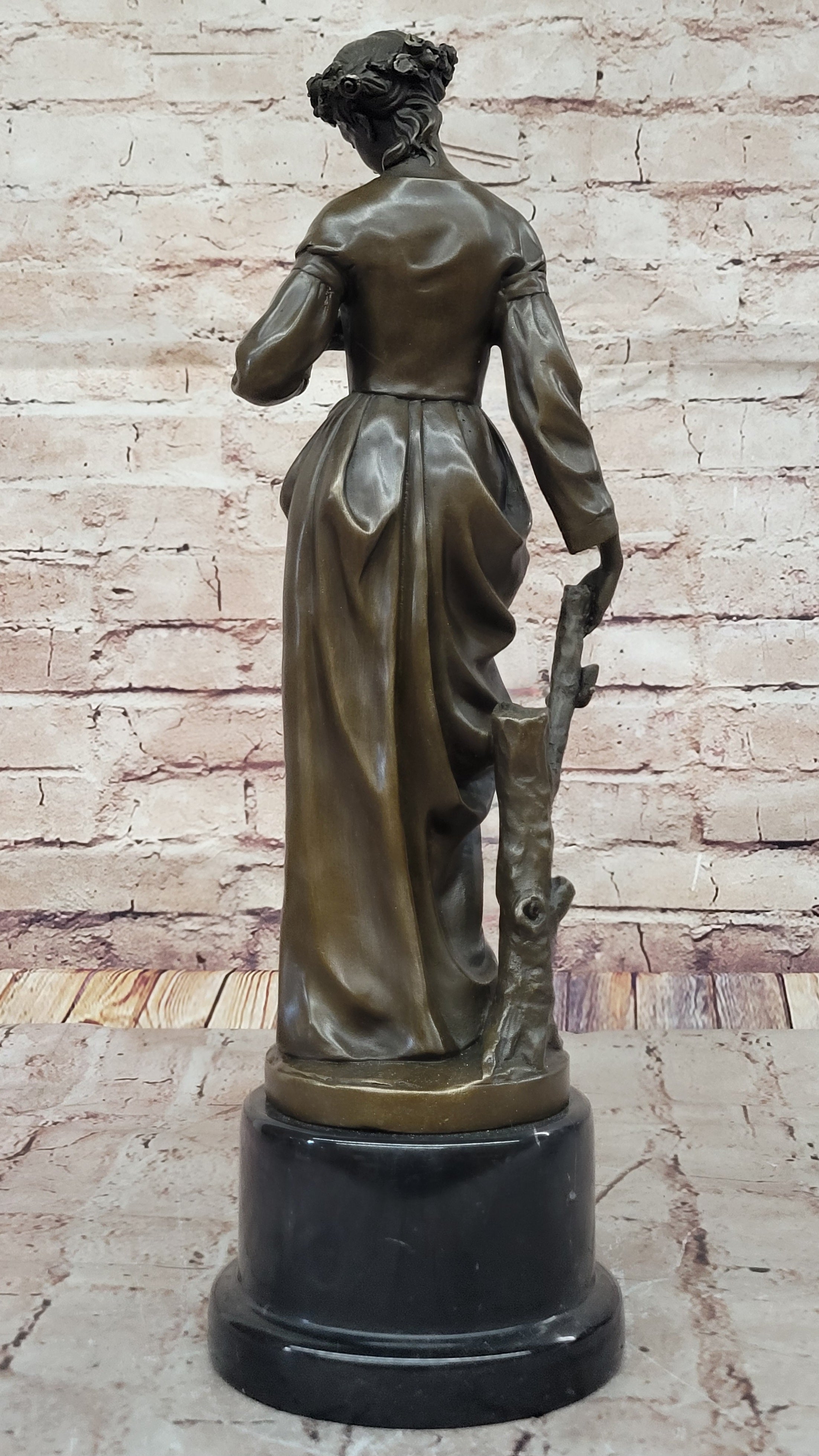 Maiden with Rose - Bronze Female Figure on Marble Base