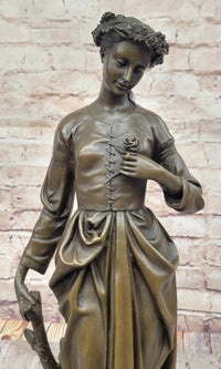 Maiden with Rose - Bronze Female Figure on Marble Base