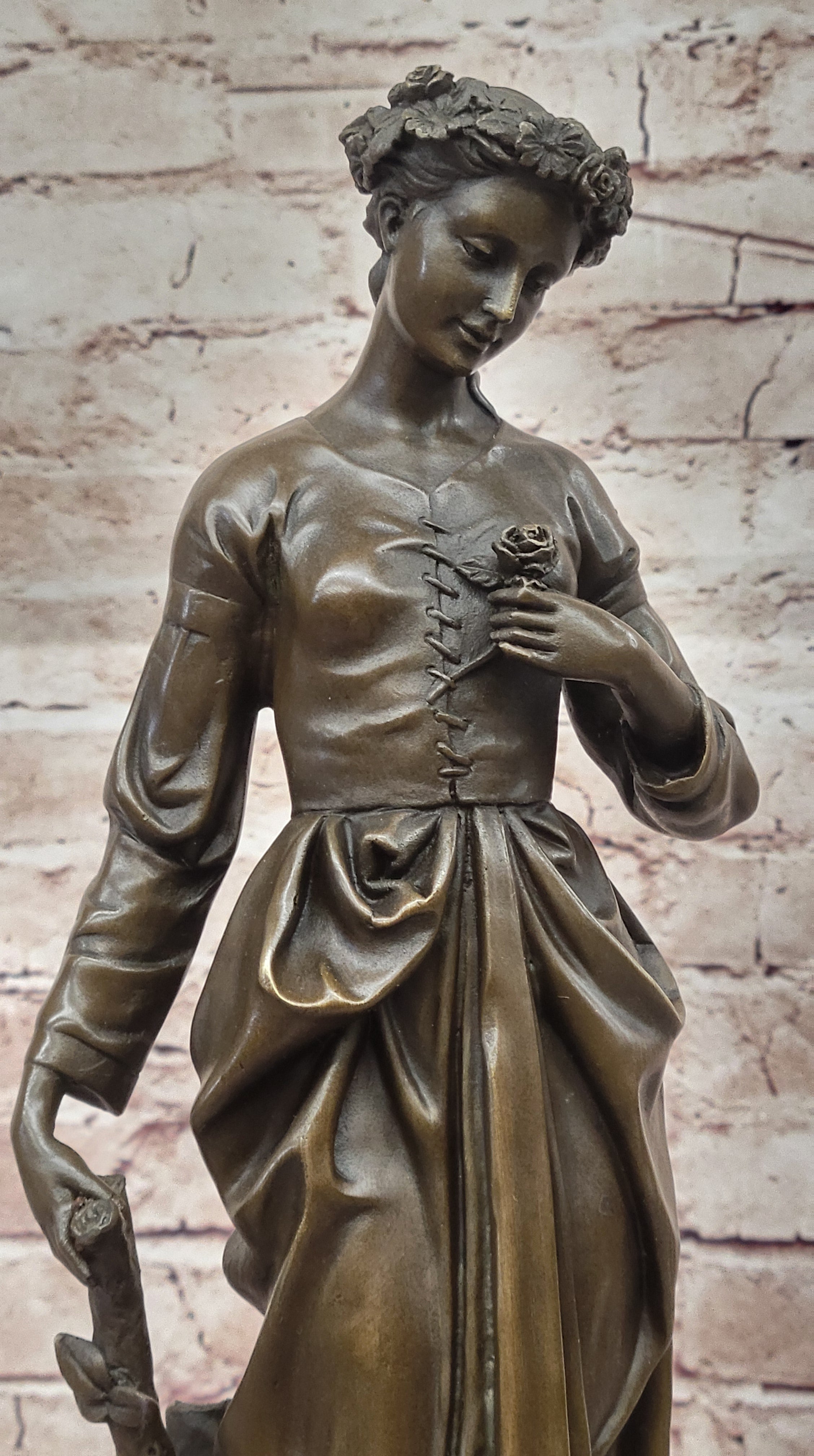 Maiden with Rose - Bronze Female Figure on Marble Base